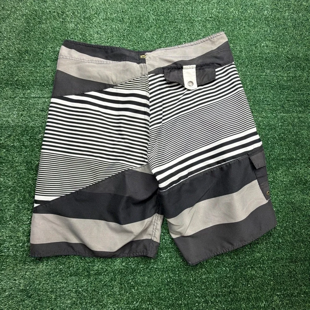 VTG Y2K SURF Zoo York Mens Board Shorts Size 36 Black Grey Striped Surf Trunks